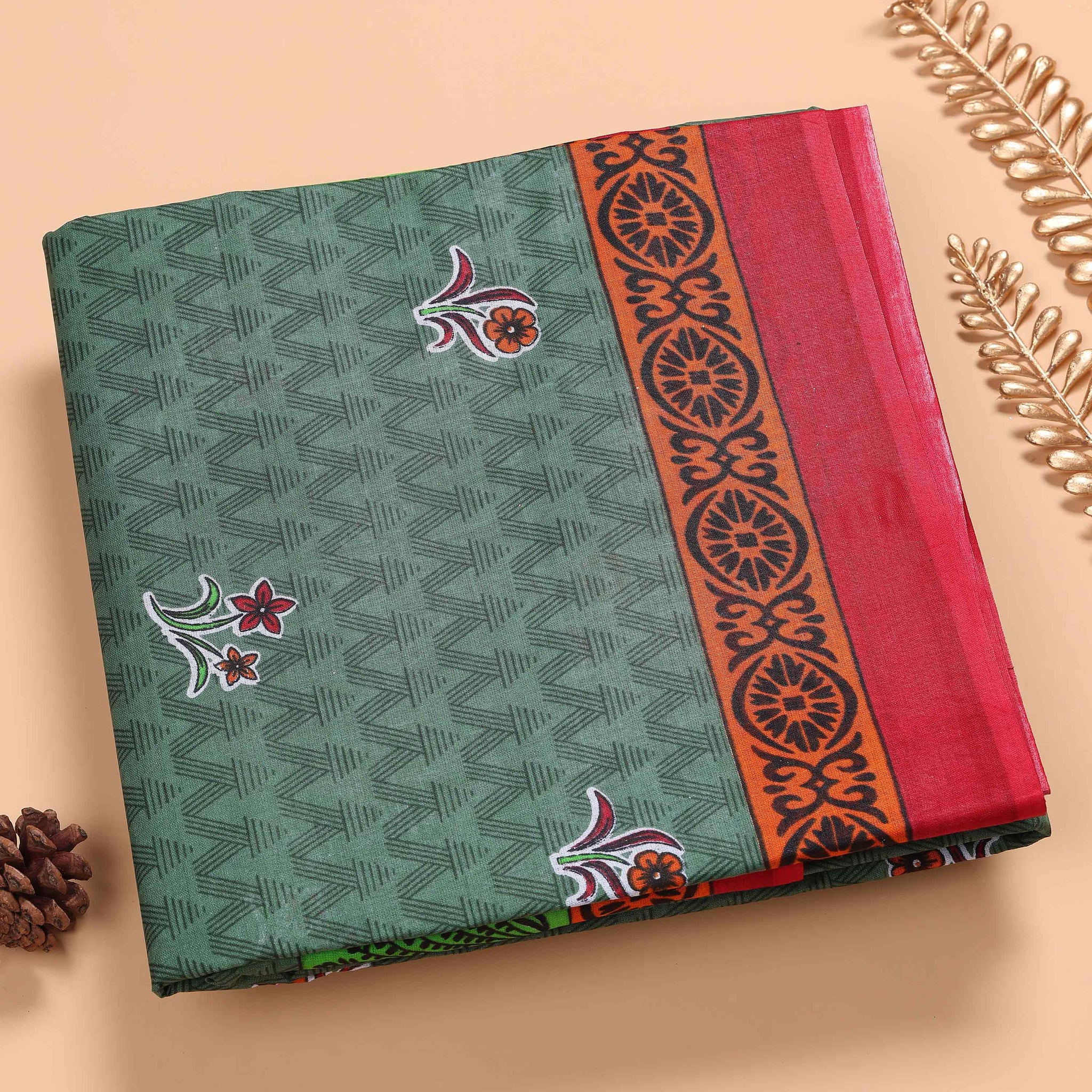 Green Voile Cotton Saree Without Blouse