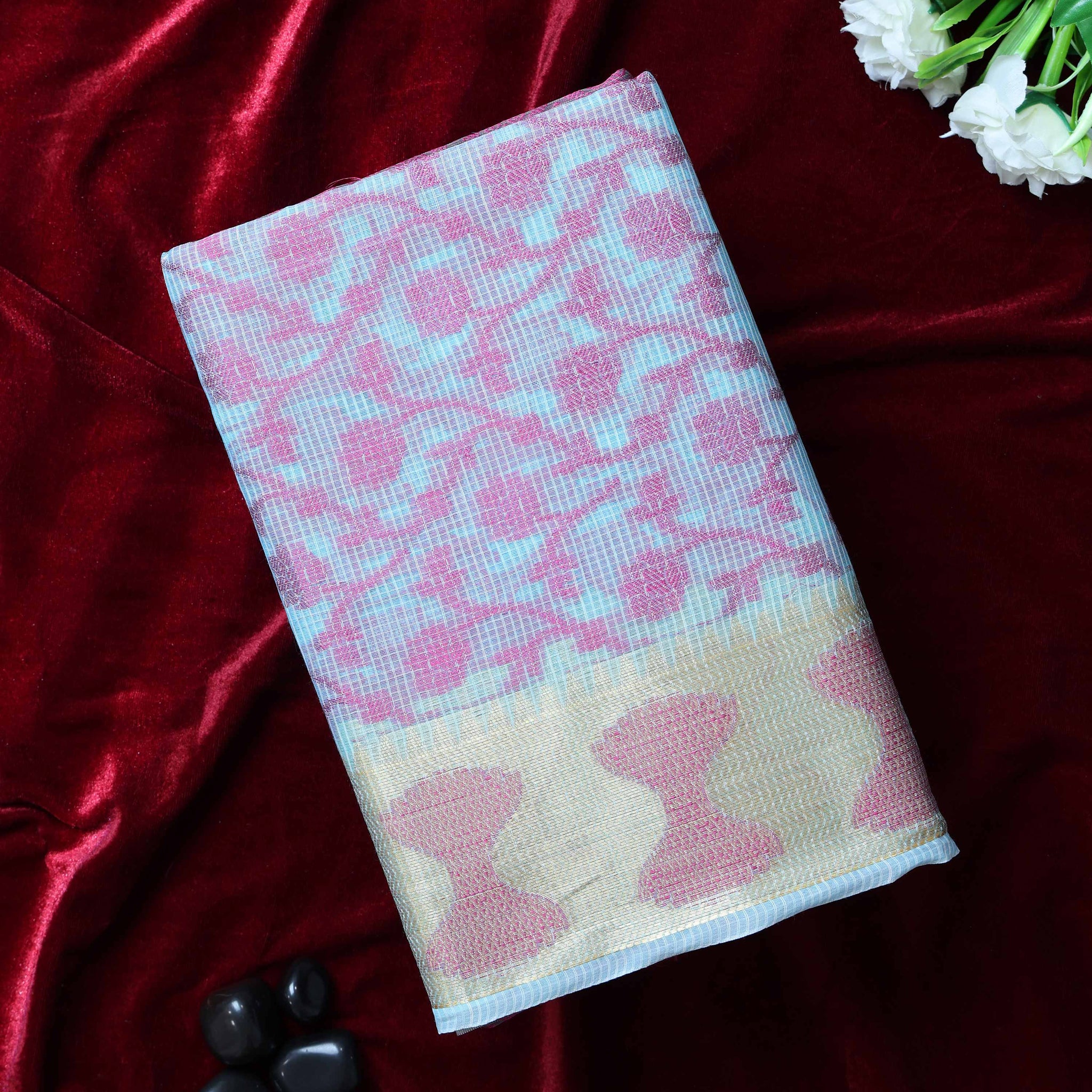 Elegance in Floral Print Semi Silk Saree - Blue