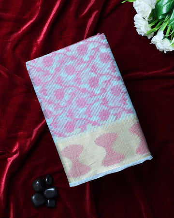 Elegance in Floral Print Semi Silk Saree - Blue