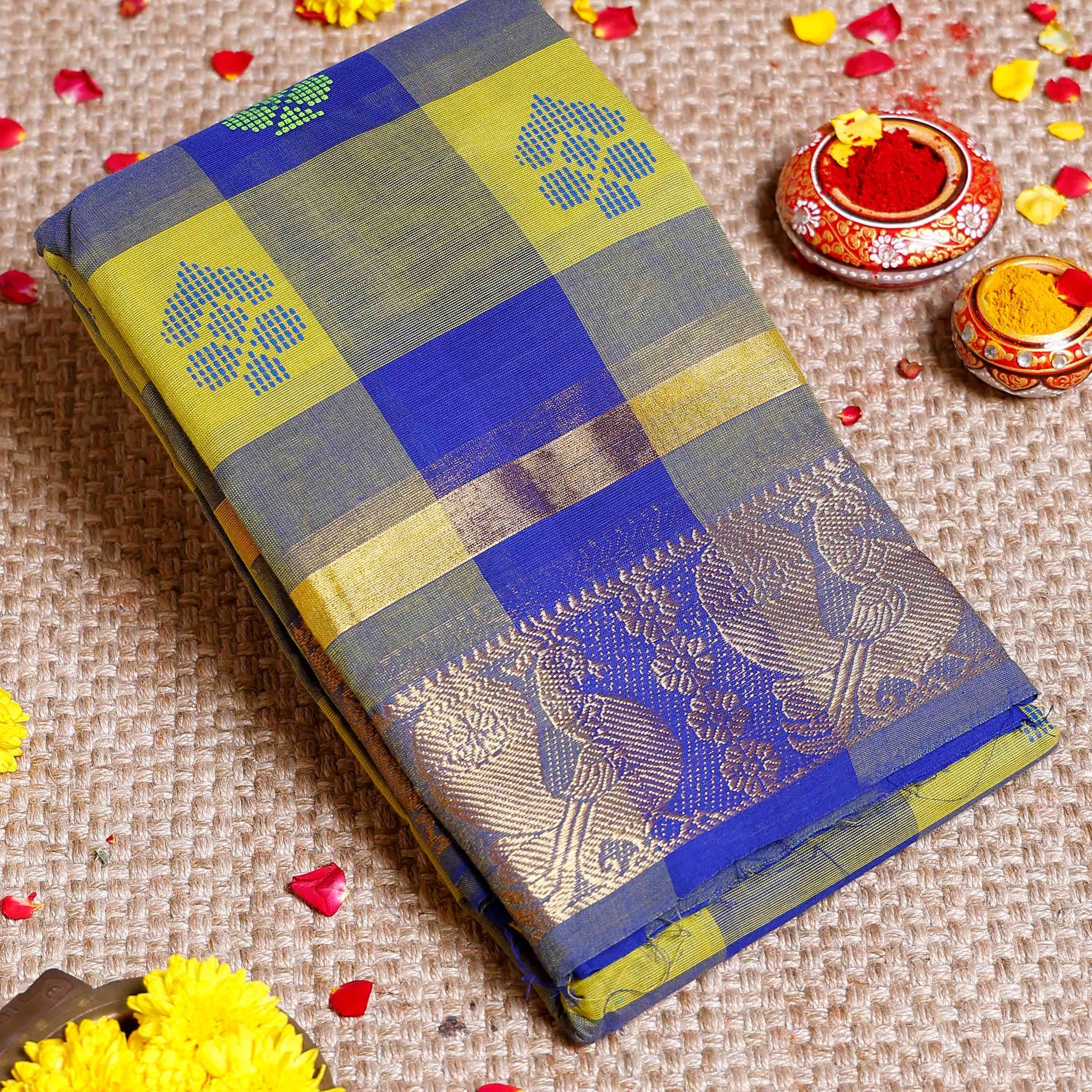 Elegant Chettinad Cotton Saree with Checks and Rich Zari Woven Pallu -Multi