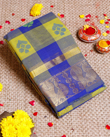 Elegant Chettinad Cotton Saree with Checks and Rich Zari Woven Pallu -Multi