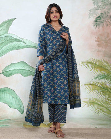 Women’s Floral Printed Readymade Salwar Suit Set with Straight Kurta Comfortable Pants and Matching Dupatta - Teal Blue