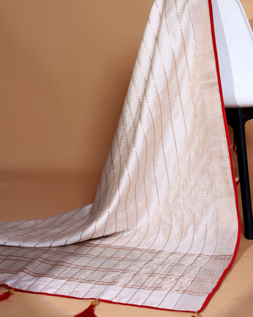 Stylish White Art Silk Saree with Golden Lines and Traditional Tassels Without Blouse
