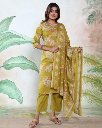 Women’s Floral Print Cotton Kurta Set with Pants & Dupatta Elegant Ethnic Readymade Salwar Suit with V-Neckline and 3/4th Sleeves - Olive Green