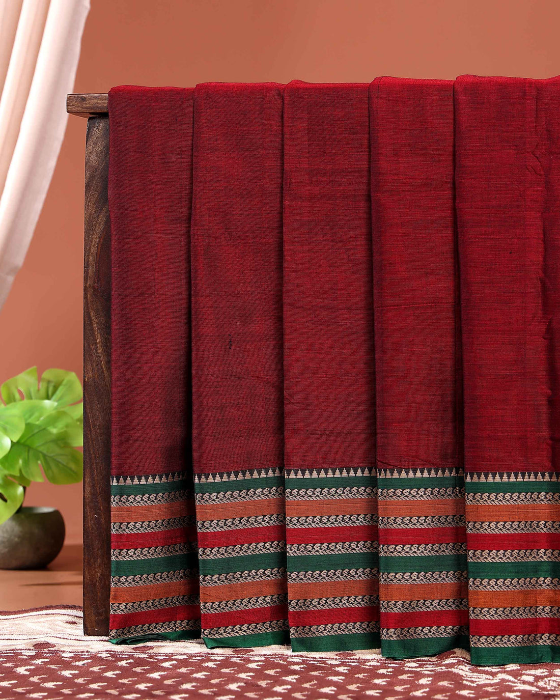 Traditional Narayanpet Cotton Saree Classic Temple Border and Striped Pallu - Maroon