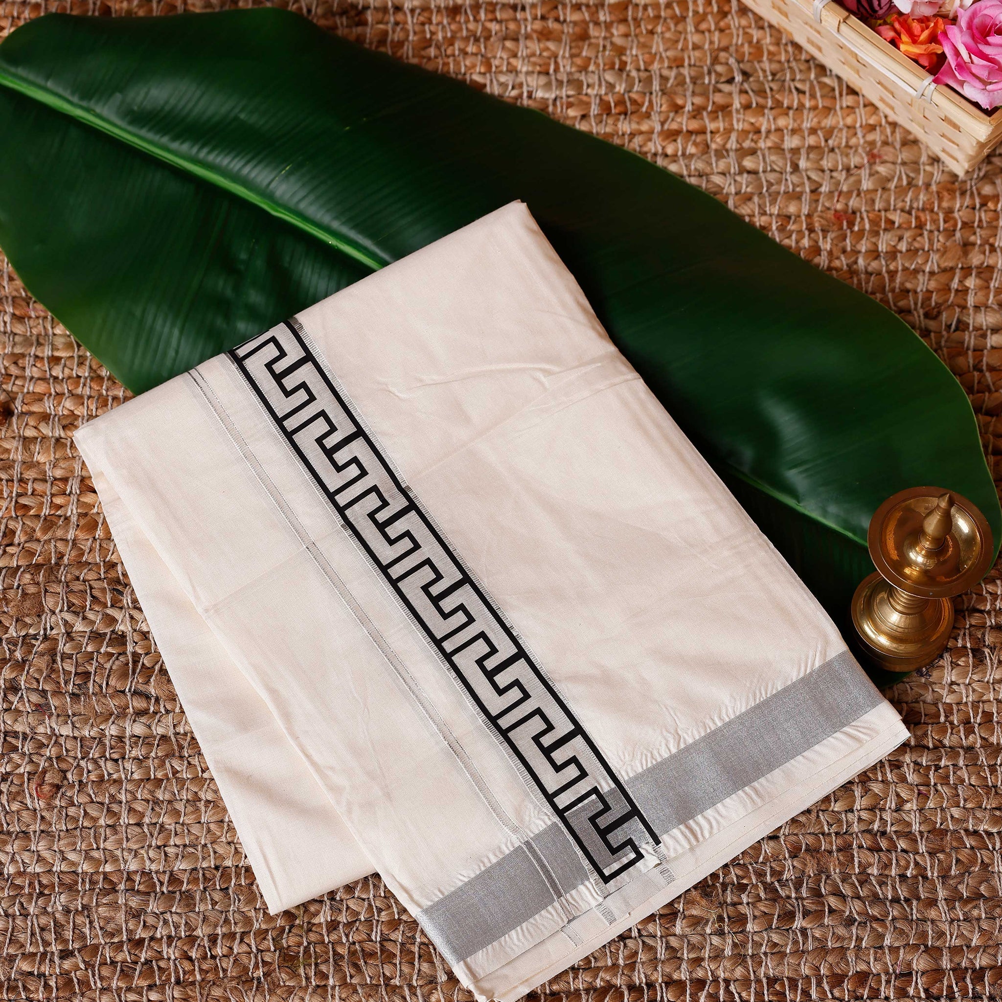 Traditional Handwoven Cotton Dhoti with Silver Border and Elegant Finish - Off White
