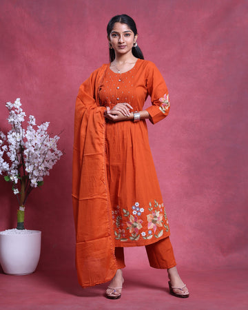 Women’s Readymade Embroidered Salwar Set with Dupatta Elegant Straight Fit Ethnic Wear with Floral Hem Detailing and 3/4th Sleeves - Orange