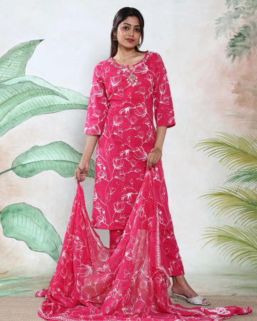 Women’s Floral Printed Readymade Salwar Suit Set with Straight Kurta Embroidered Neckline Coordinated Pants and Matching Dupatta - Pink