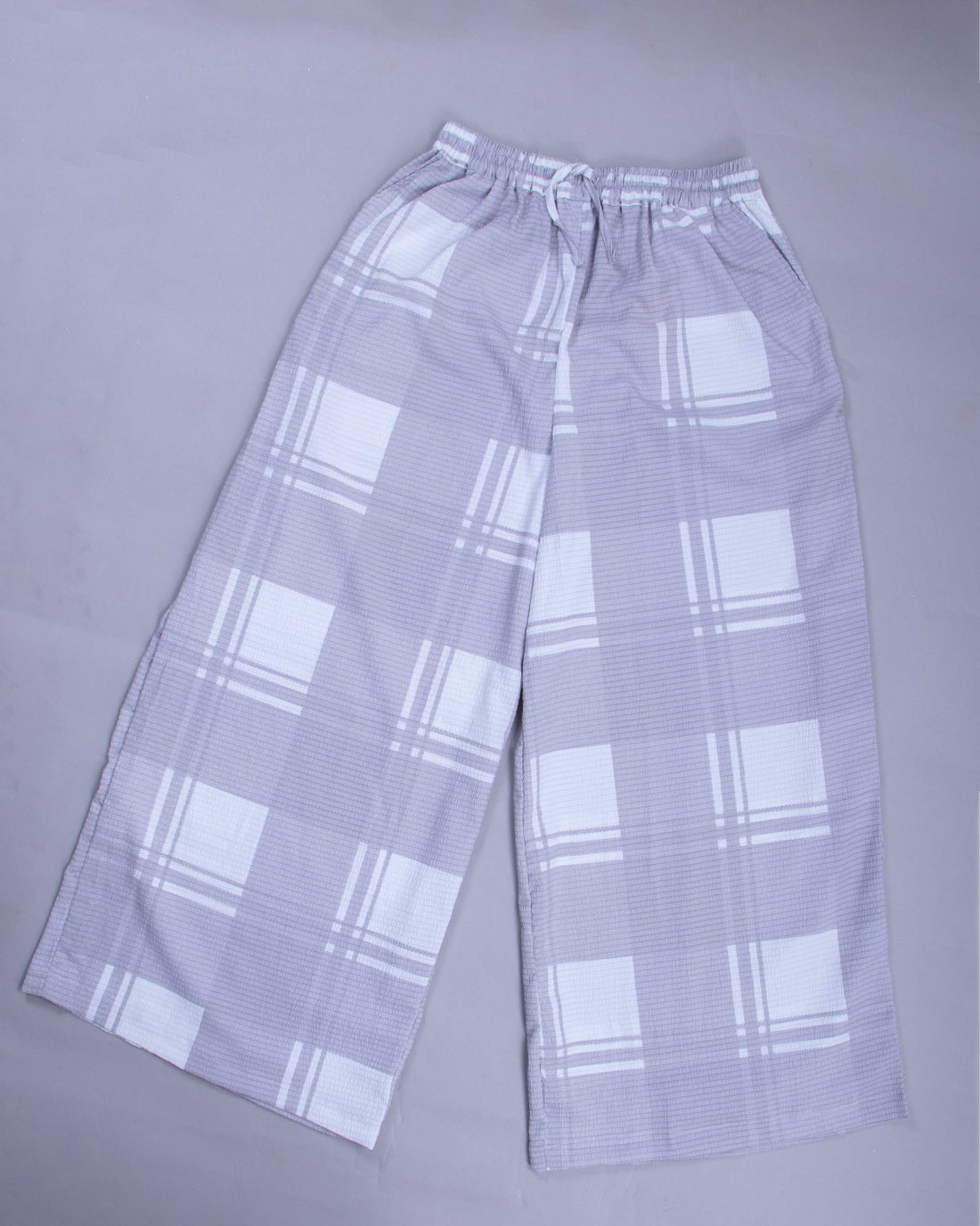 Checked Drawstring Wide-Leg Palazzo Pant - Grey