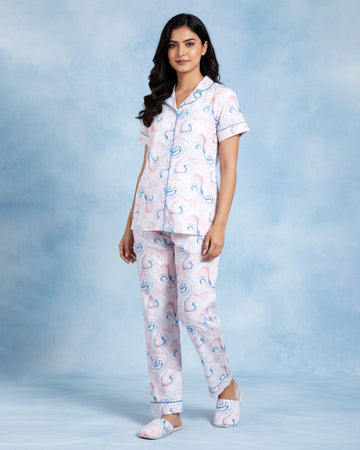 Women's Printed Short Sleeve Night Wear - Pink