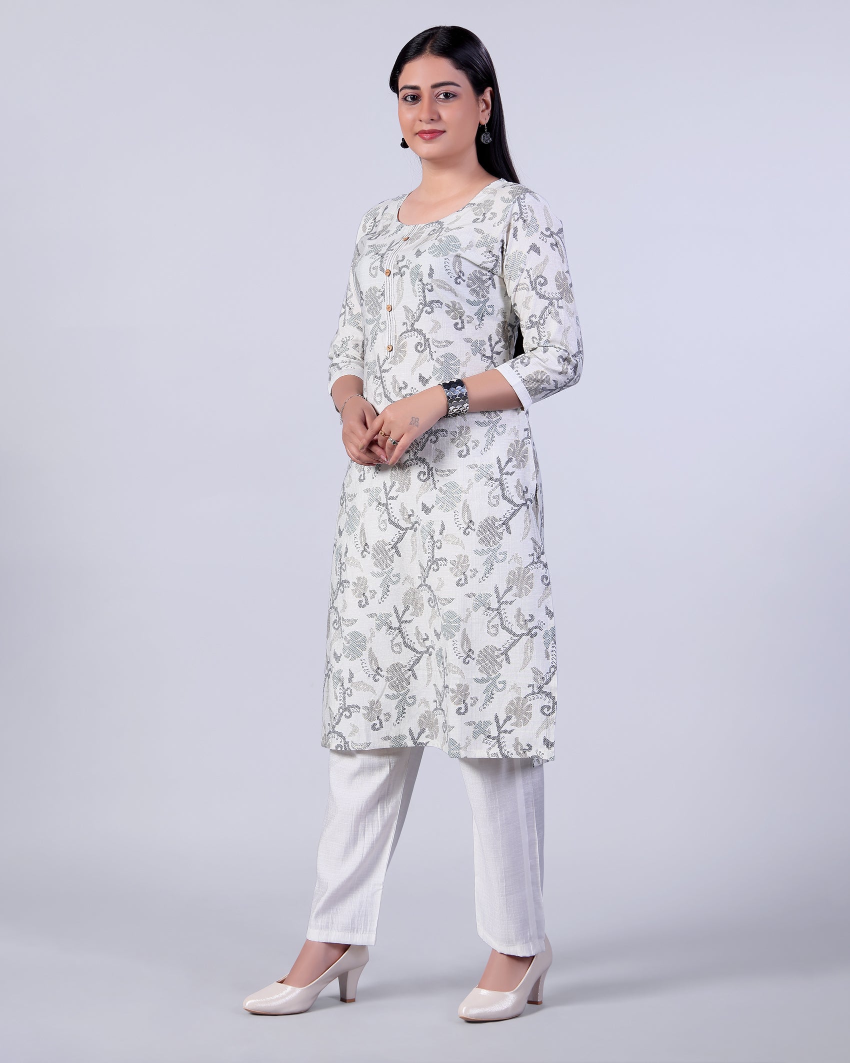 Women's Elegant Floral Print Straight Kurta with Palazzo Set, Off White
