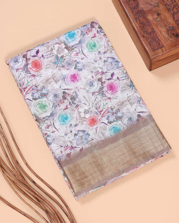 Floral Pattern Dola Silk Saree With Woven Border -Multi