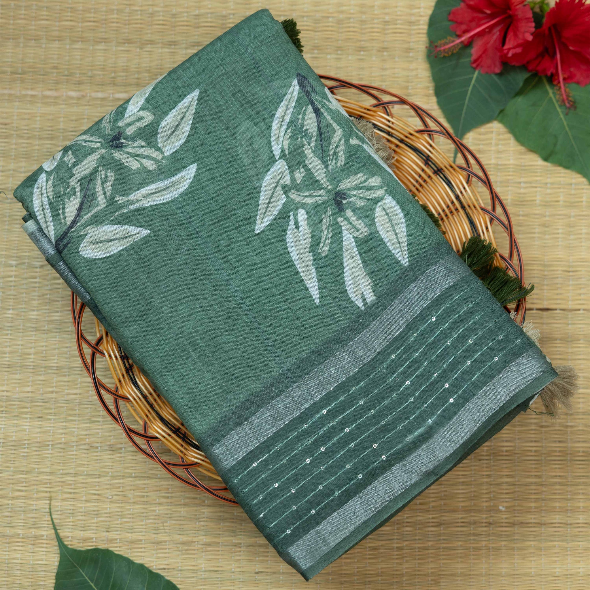 Green Colour Printed Linen Cotton Saree