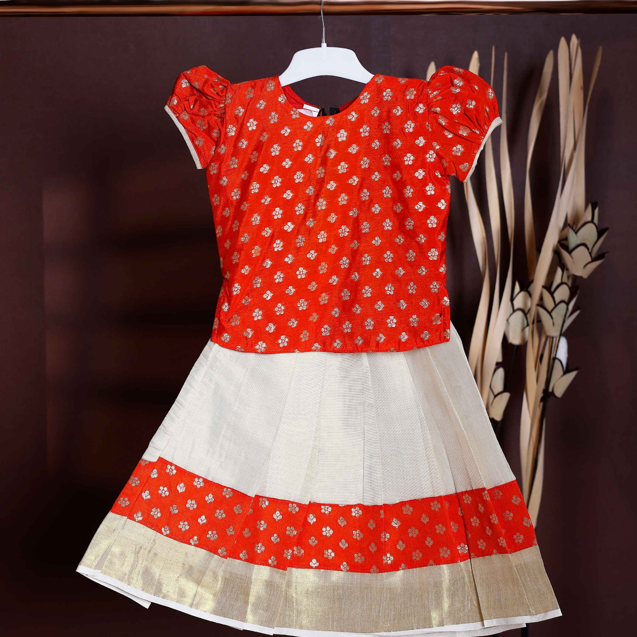 Kids Readymade Pattu Pavadai Set with Traditional Motifs - Dark Orange