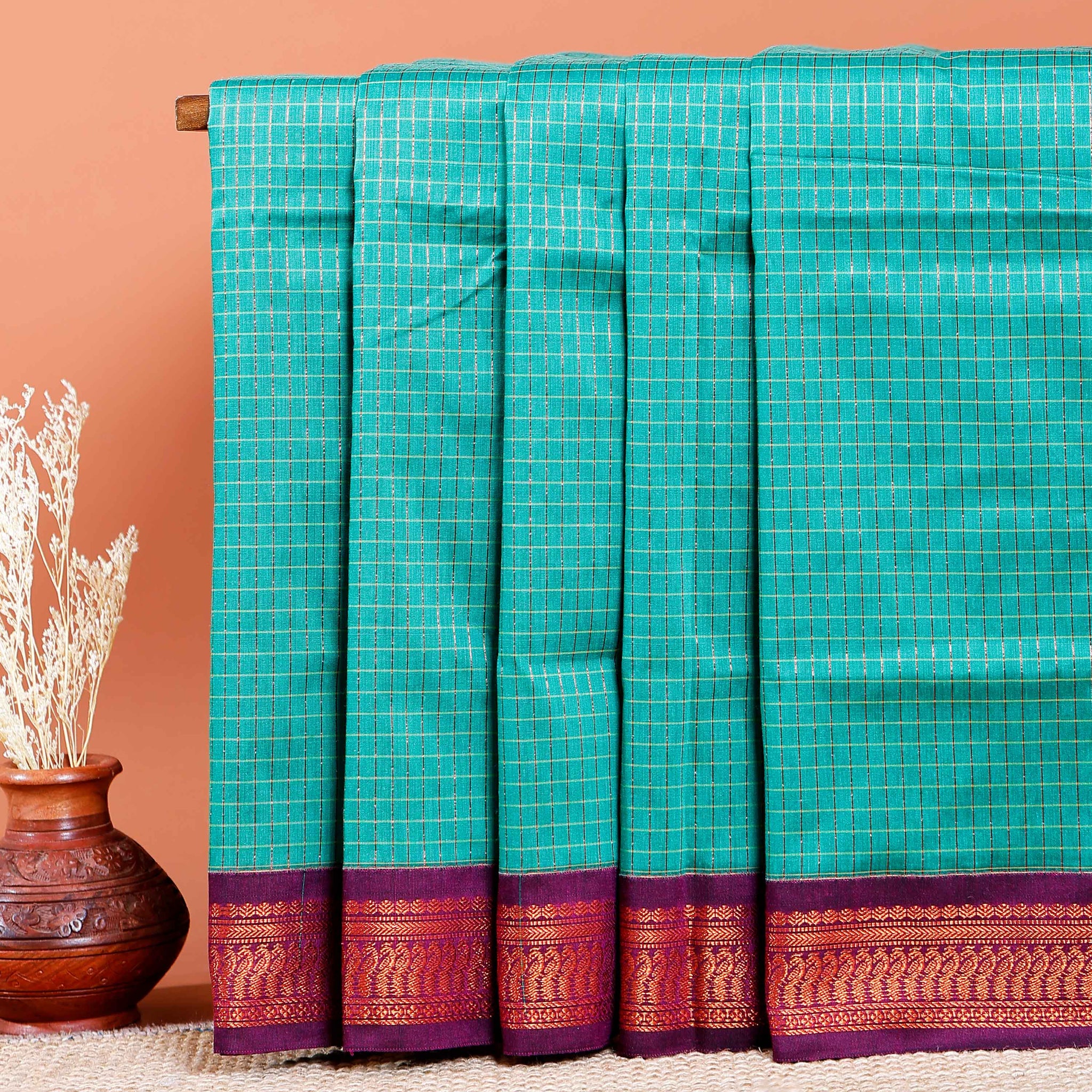 Traditional Kalyani Cotton Saree with All-Over Checks and Ornate Zari Pallu and Border - Turquoise