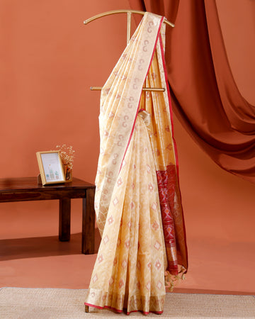 Elegant Ikat Woven Semi Silk Saree with Traditional Zari Border & Pallu - Yellow