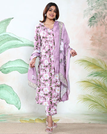 Elegant Floral Printed Women’s Readymade Salwar Suit Set with Stylish Ethnic Kurta Matching Pants and Lightweight Dupatta - Pastel Purple