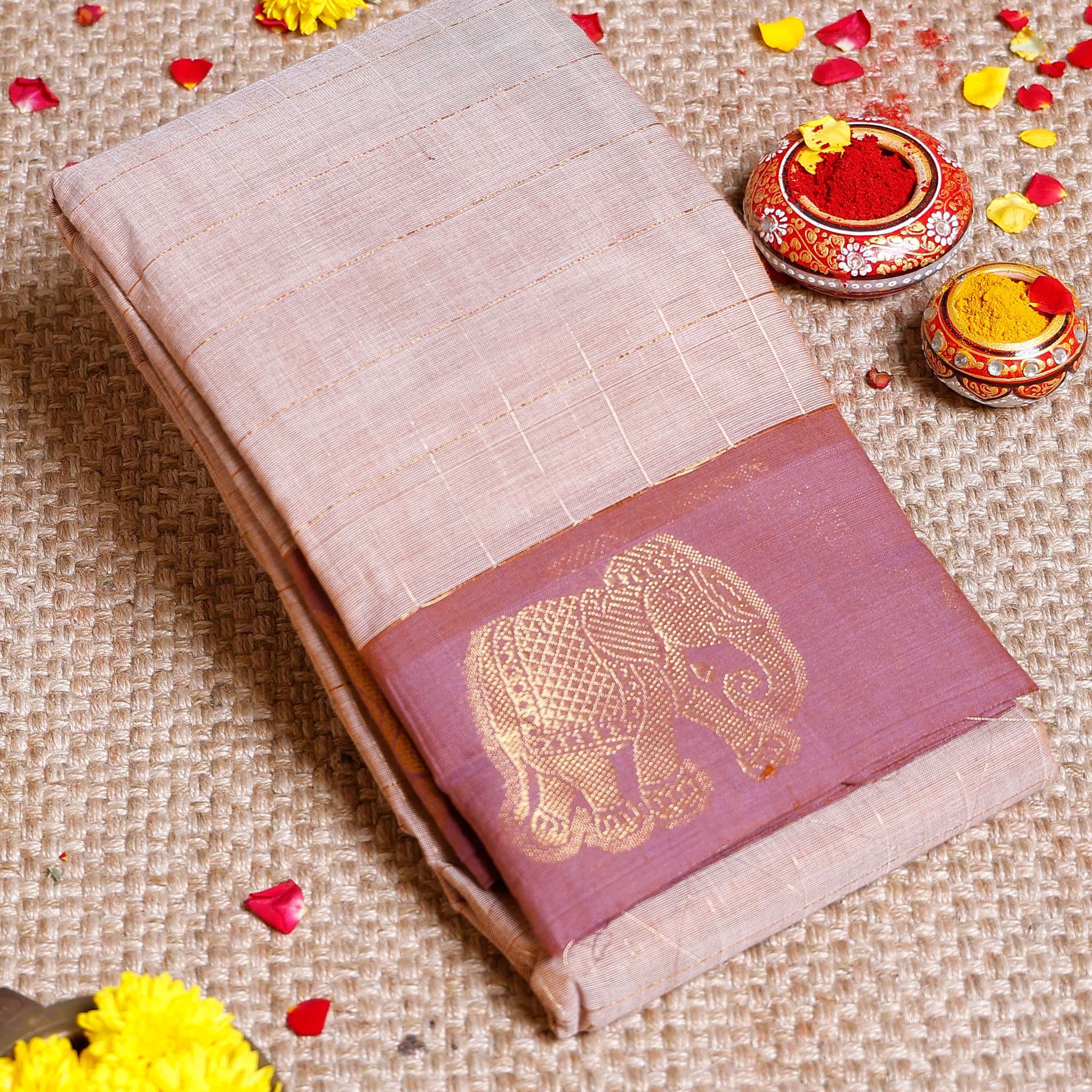 Traditional Chettinad Cotton Saree with Elephant Motif Border and Checkered Body - Sandal