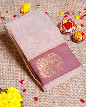 Traditional Chettinad Cotton Saree with Elephant Motif Border and Checkered Body - Sandal