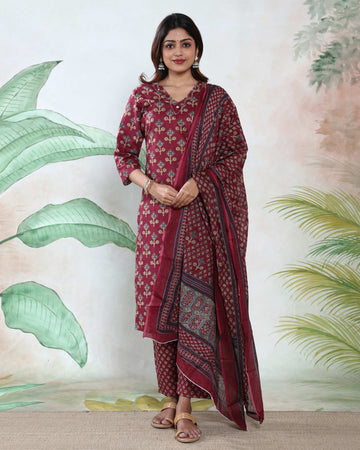 Elegant Traditional Printed Women’s Readymade Salwar Suit Set with Ethnic Straight Kurta, Matching Bottom & Designer Dupatta - Maroon