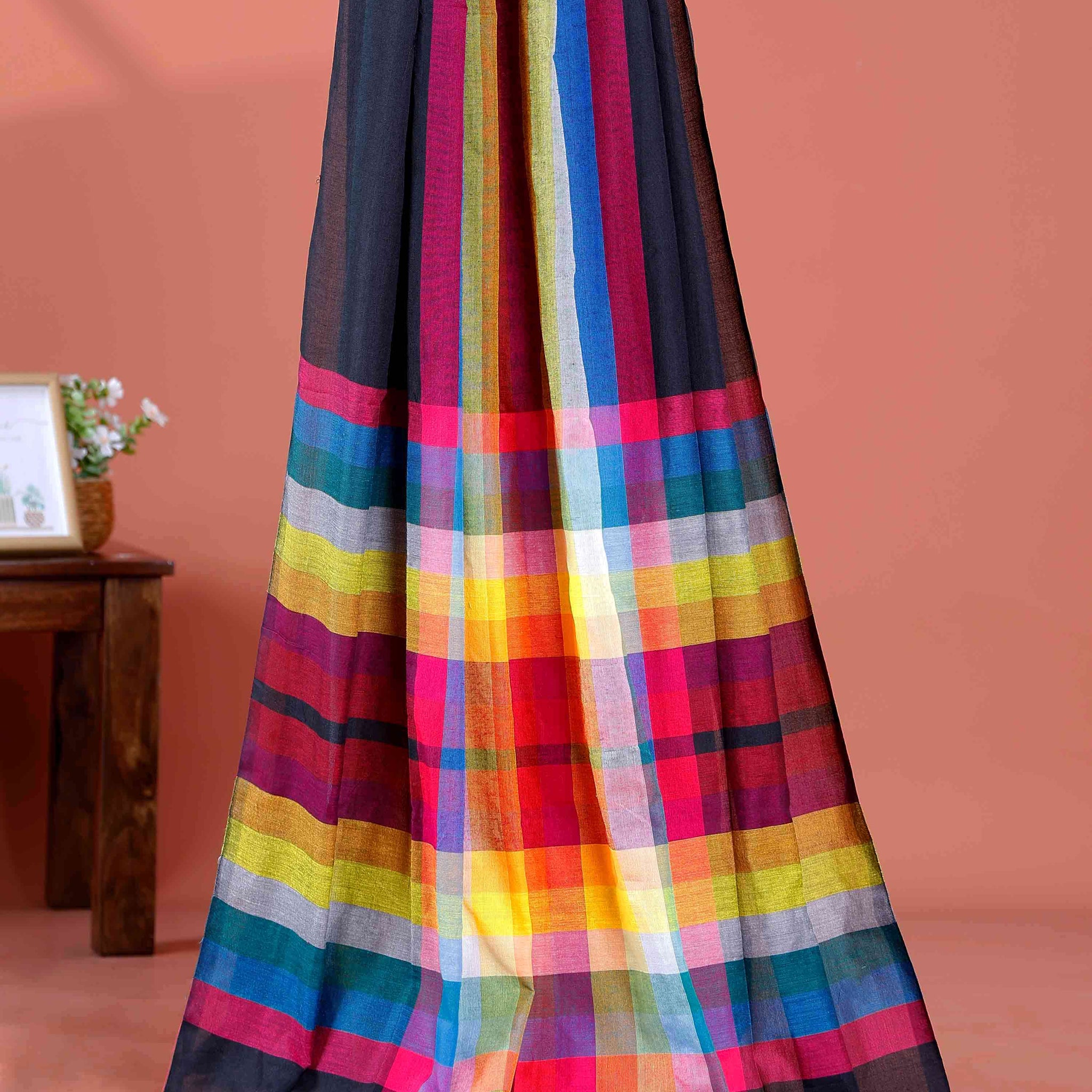 Handloom Mul Mul Cotton Saree with Vertical Stripe Pattern and Decorative Tassels - Black