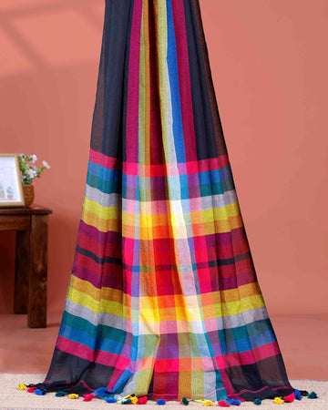 Handloom Mul Mul Cotton Saree with Vertical Stripe Pattern and Decorative Tassels - Black