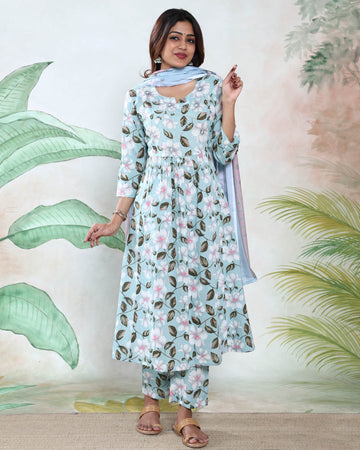 Women’s Floral Printed Anarkali Style Readymade Salwar Suit Set with Matching Pants and Dupatta - Sky Blue