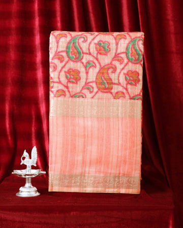 Elegance in Floral Print Semi Silk Saree  - Peach