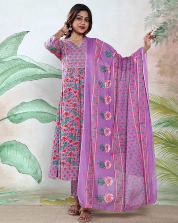 Women’s Floral Printed Readymade Salwar Suit Set with Matching Dupatta - Lavender