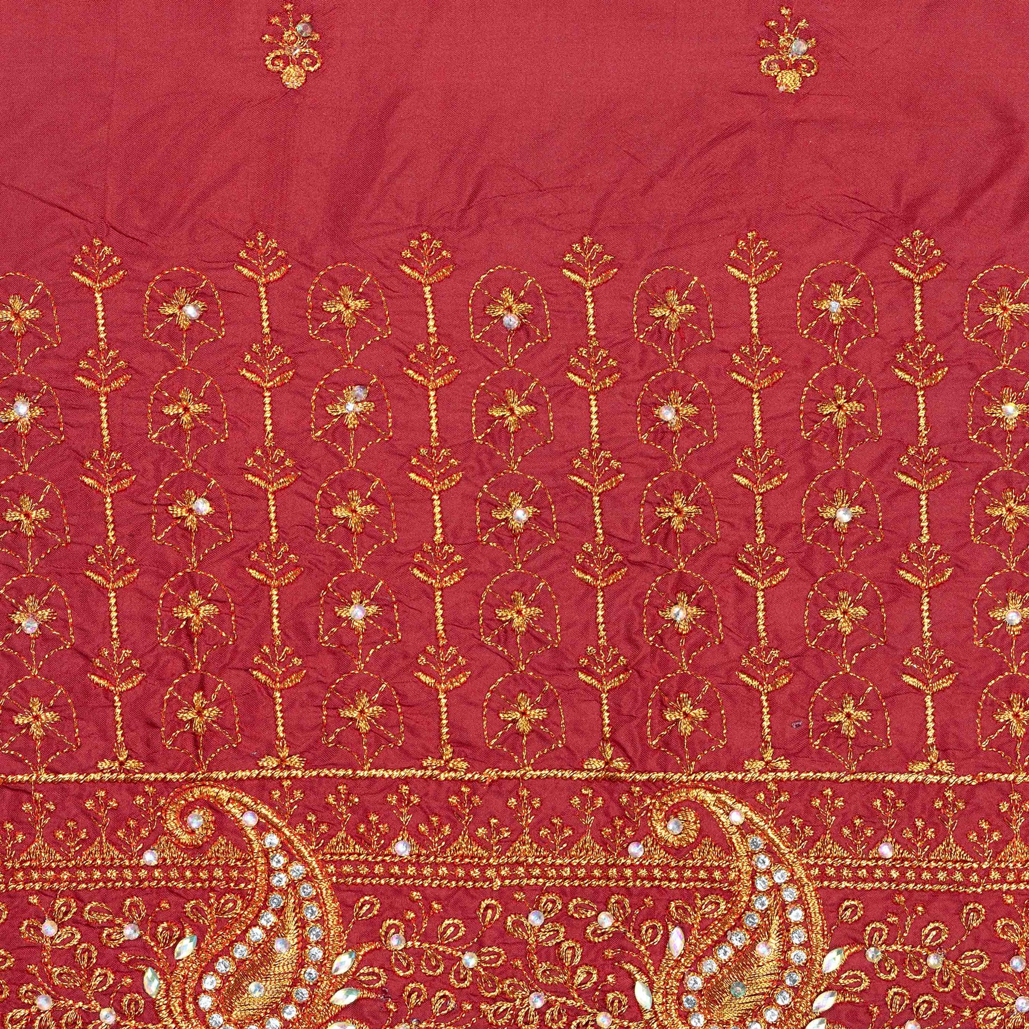 Elegant Embroidered Unstitched Blouse Material with Intricate Zari Work - Red
