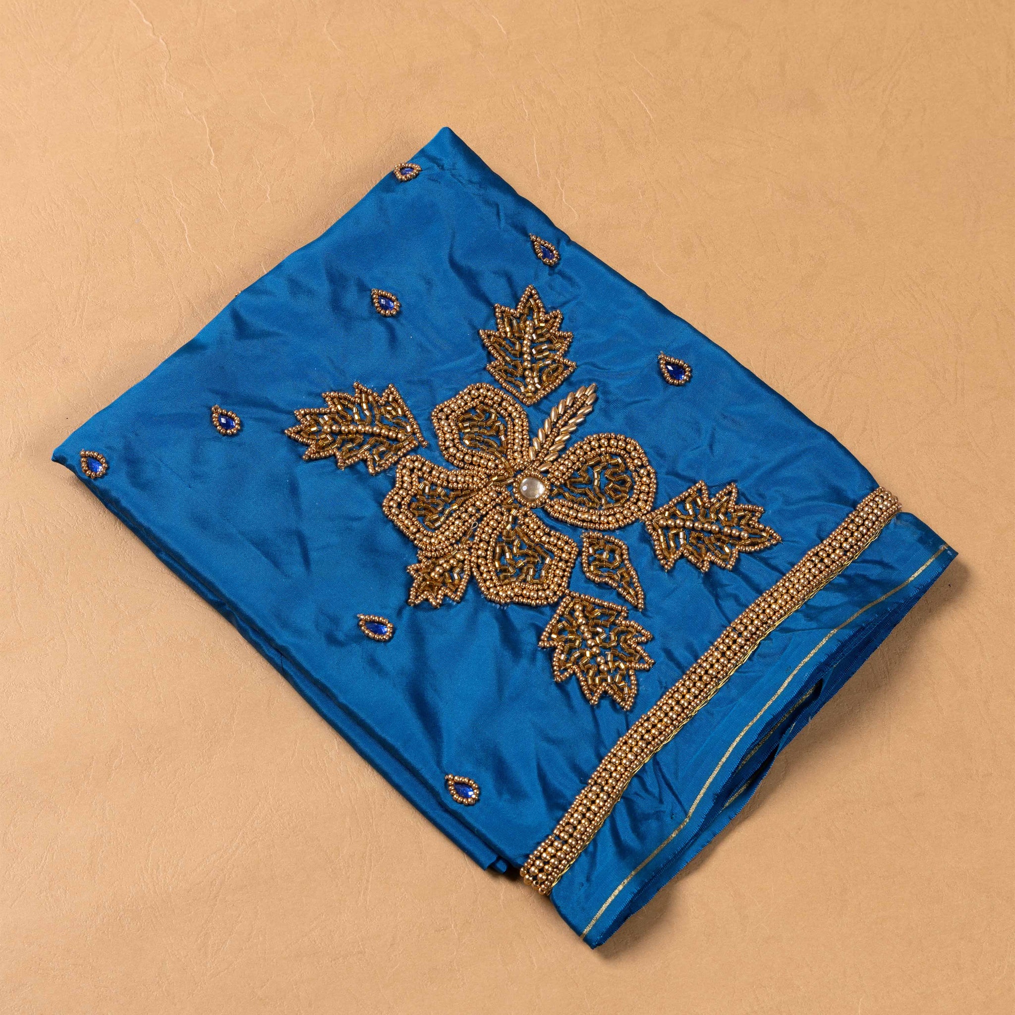 Unstitched Blouse Material with Intricate Gold Aari Embroidery - Blue