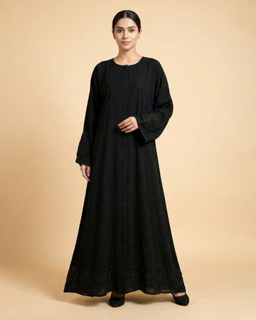Women’s Elegant Full-Length Burqa with Floral Embroidered Hem and Cuff Detailing - Black