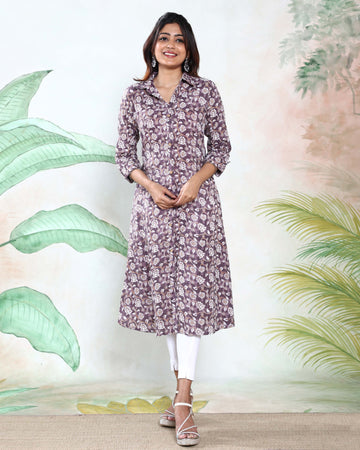 Elegant Floral Printed Button Down A-Line Women’s Kurta with Collar Neck and 3/4th Sleeves - Purple