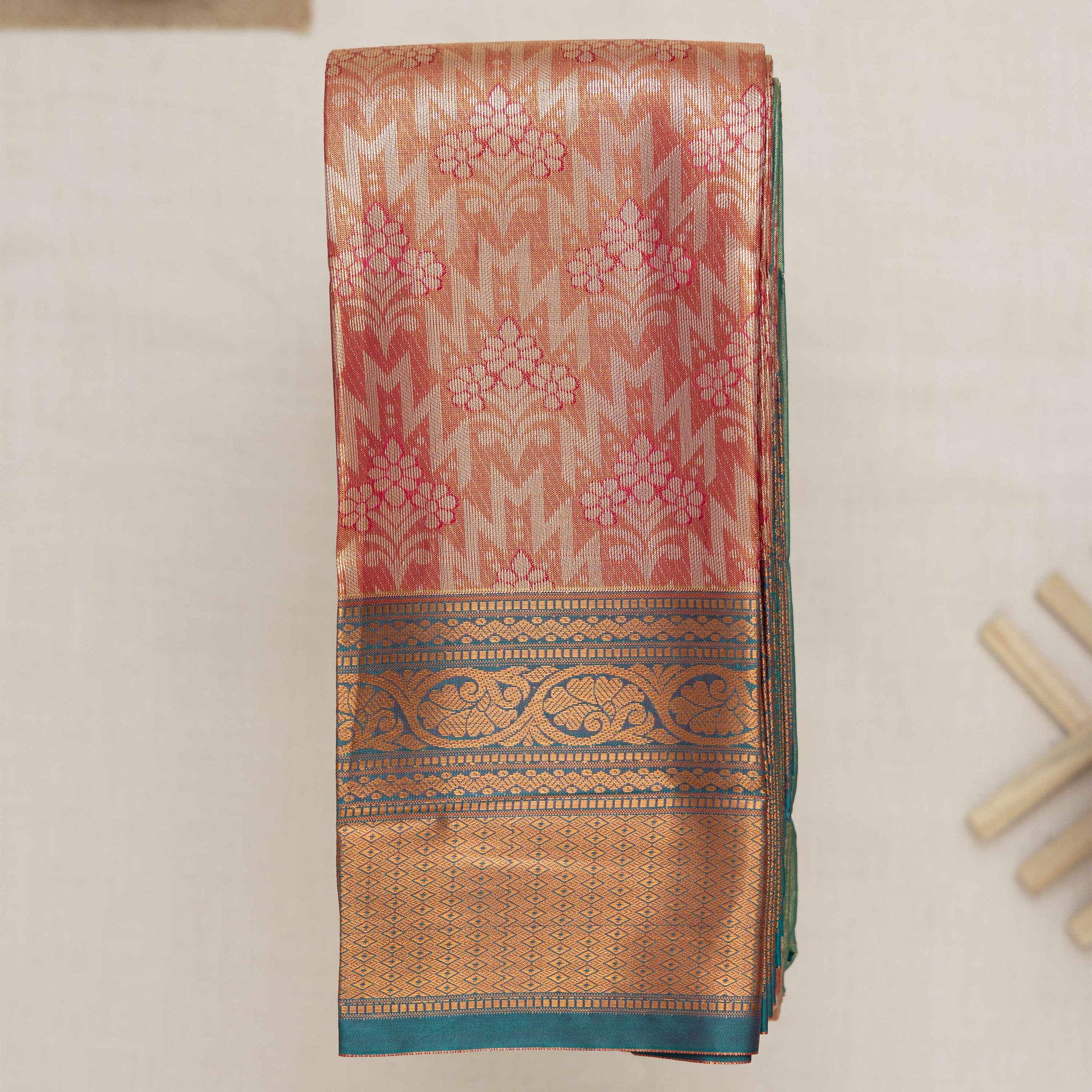 Peach Printed Kanchipuram Tissue Saree