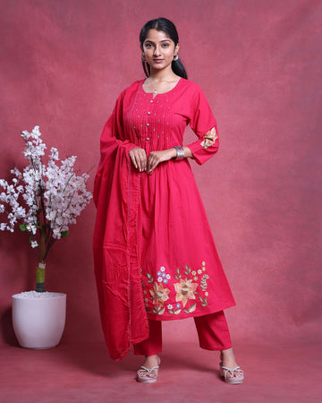 Women’s Readymade Embroidered Salwar Set with Dupatta Elegant Straight Fit Ethnic Wear with Floral Hem Detailing and 3/4th Sleeves - Pink