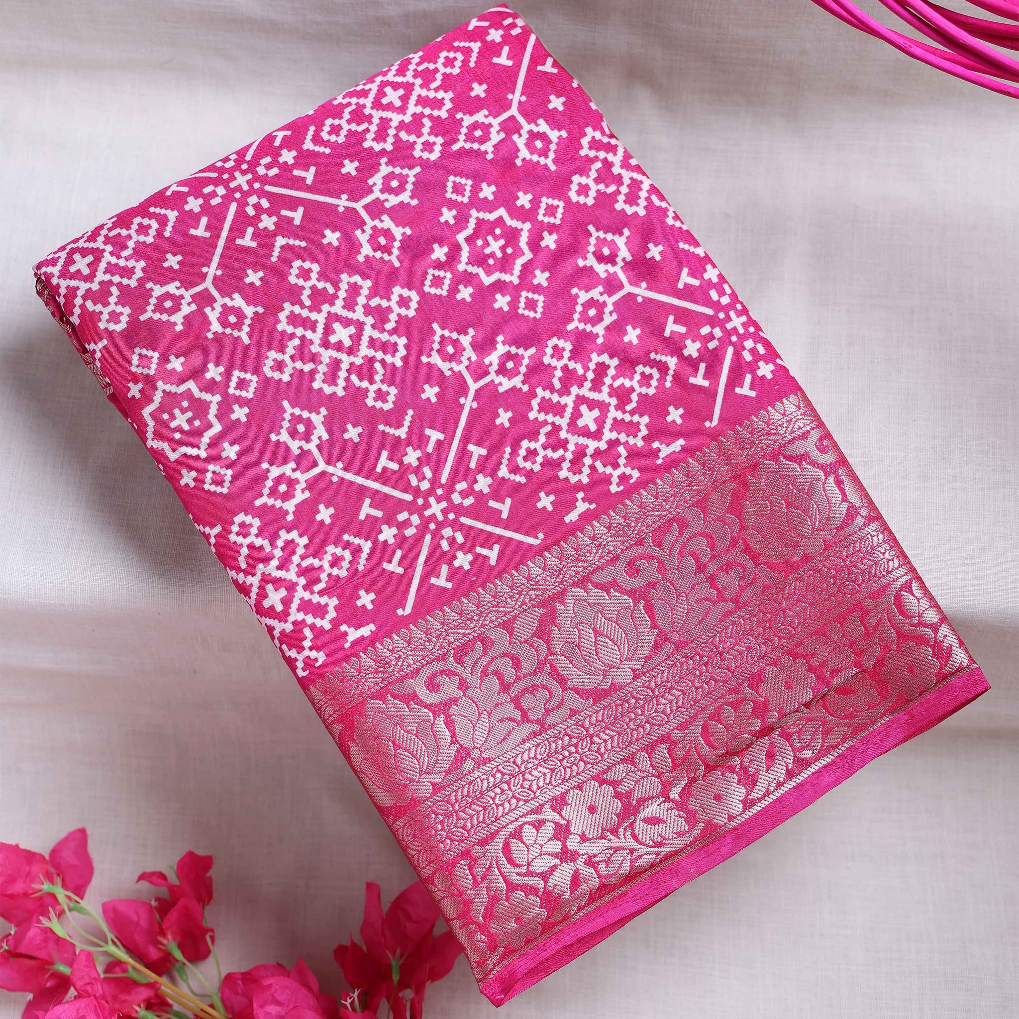 Bandhani Pattern Dola Silk Saree With Woven Border - Pink