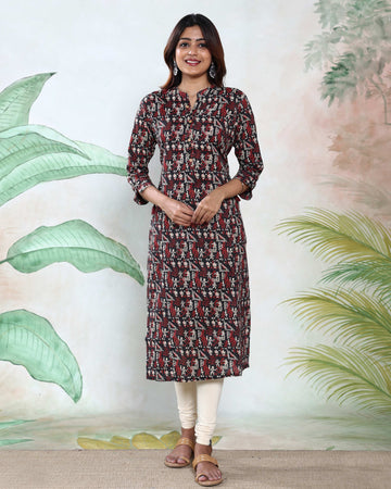 Women’s Geometric & Tribal Printed Straight Fit Kurta with Mandarin Collar and 3/4 Sleeves - Black