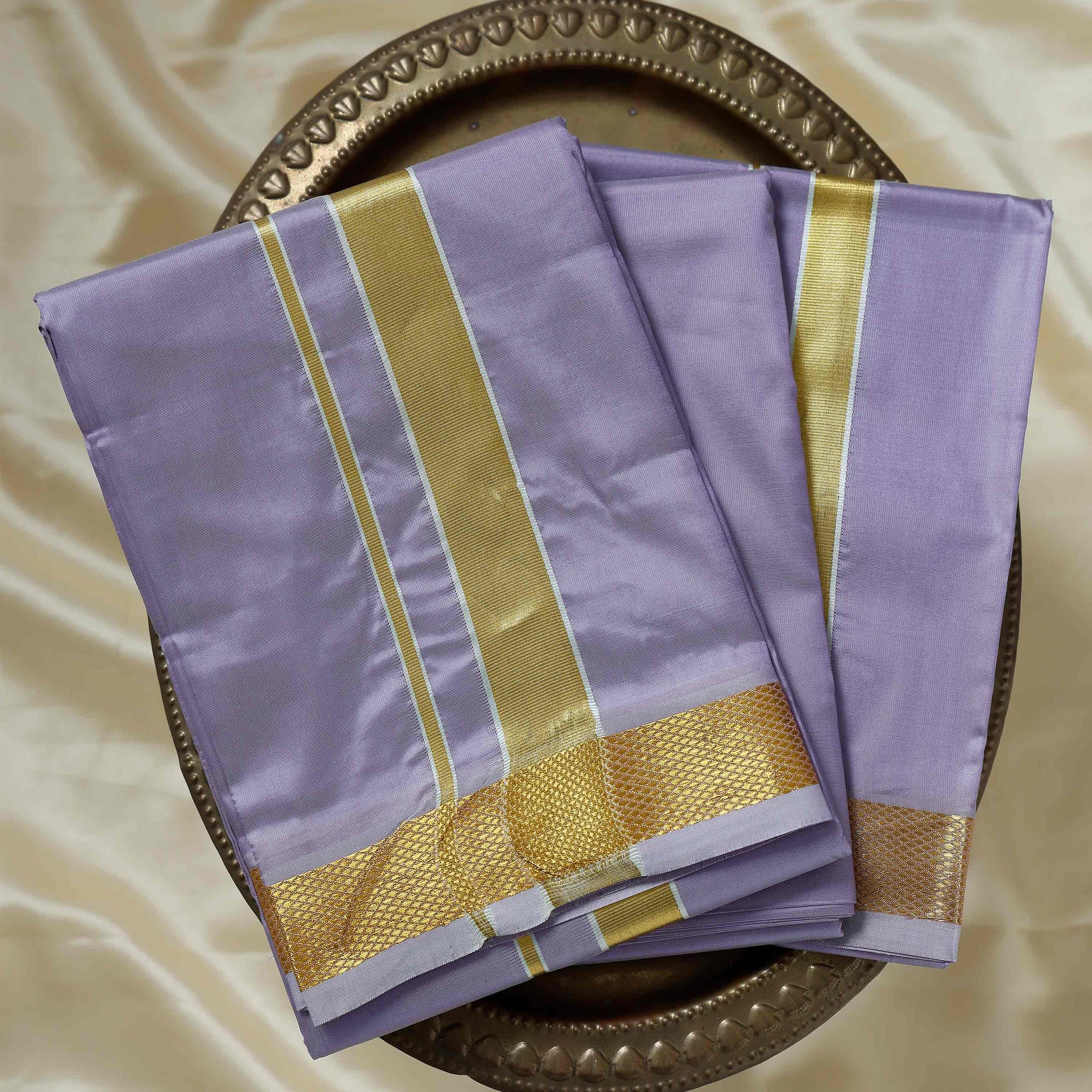 Purple Color Silk Dhoti With 2.40 Meter Shirt Bit & Towle