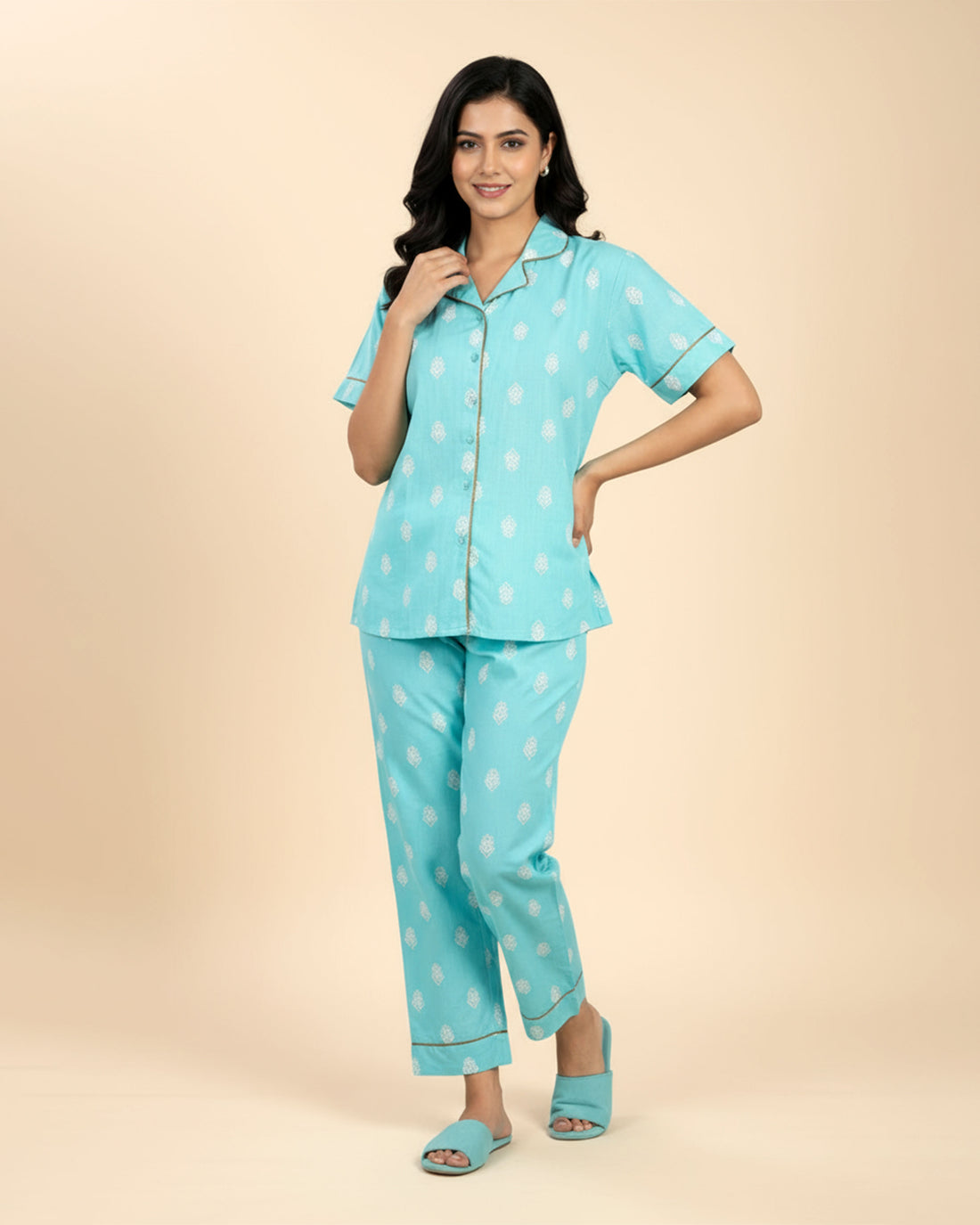 Women's Motif Print Short Sleeve Night Wear - Blue