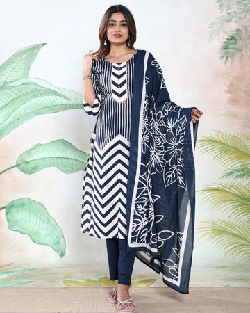 Women’s Readymade Zigzag and Striped Printed Straight Kurta Salwar Suit Set with Round Neck 3/4th Sleeves and Designer Printed Dupatta - Navy Blue