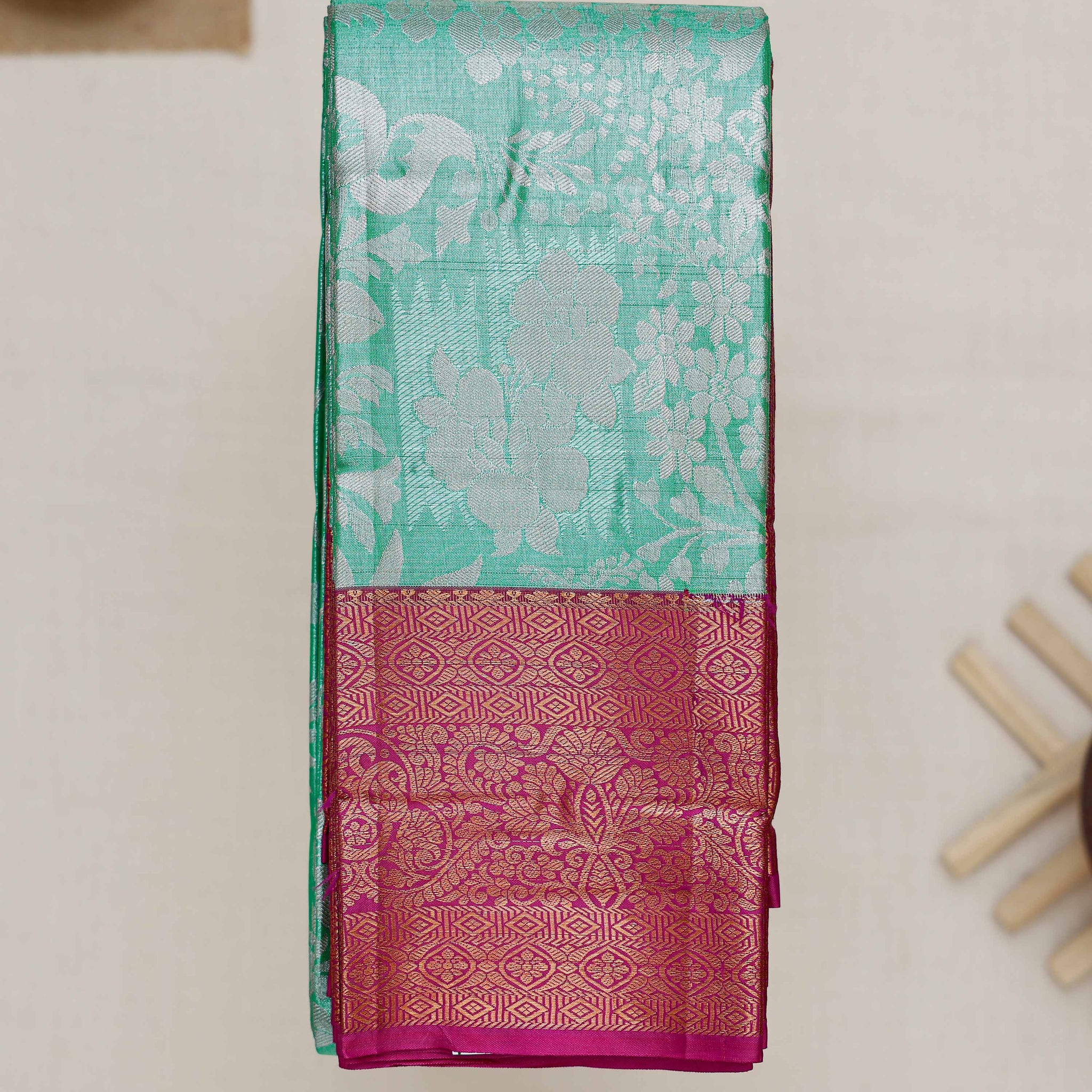 Green Printed Kanchipuram Tissue Saree