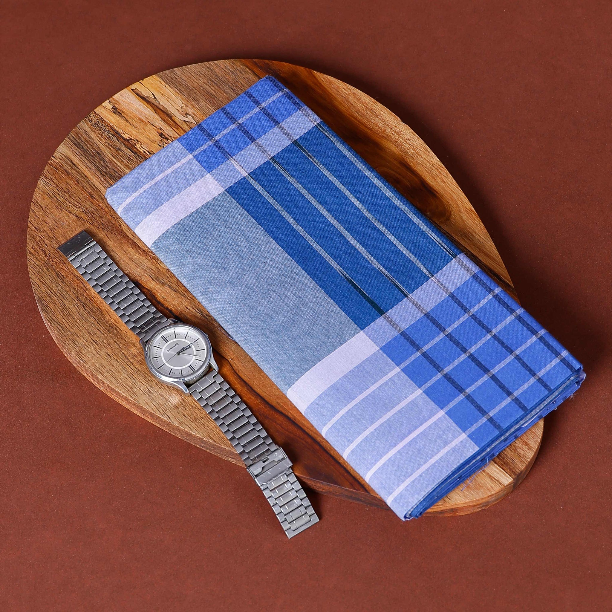 Sangu Brand Men's Premium Cotton Stripes Lungi Stitched - Blue