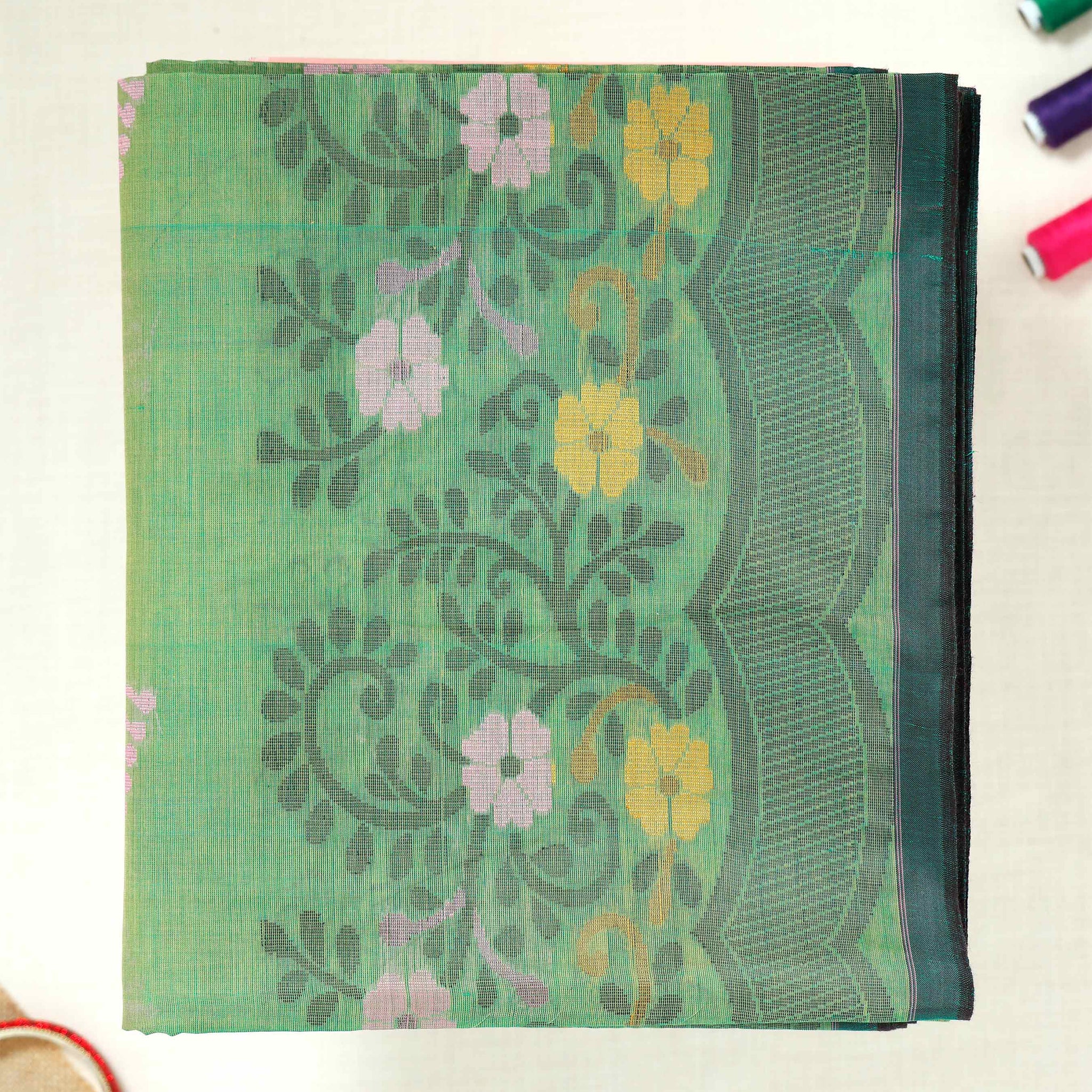 Green Floral Printed Bengal Cotton Saree
