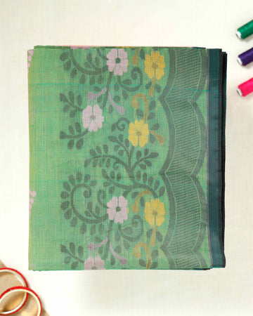 Green Floral Printed Bengal Cotton Saree