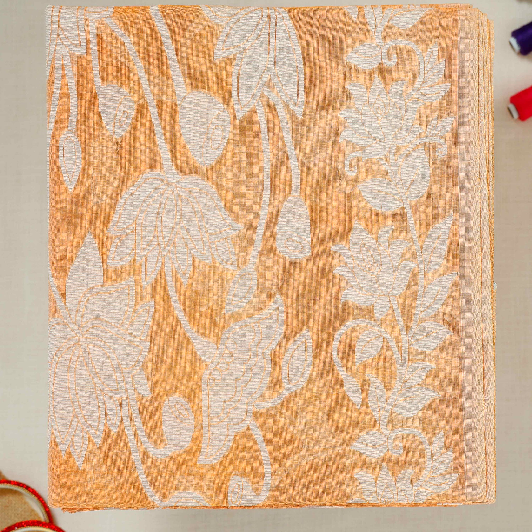 Orange Floral Printed Bengal Cotton Saree