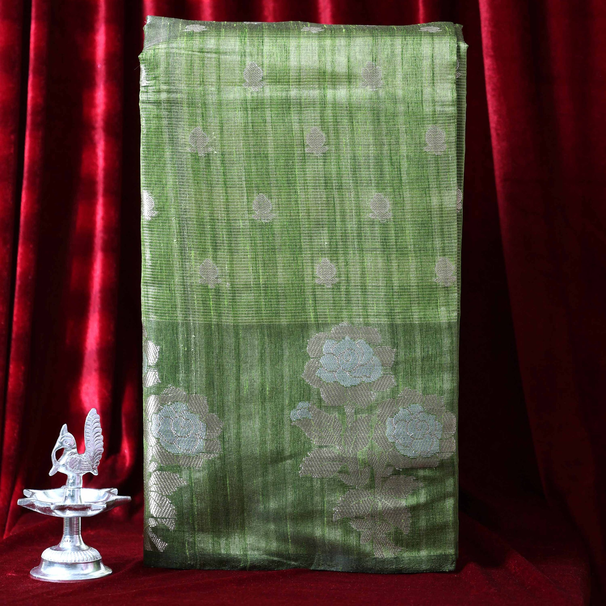 Elegance in Floral Print Semi Silk Saree - Green