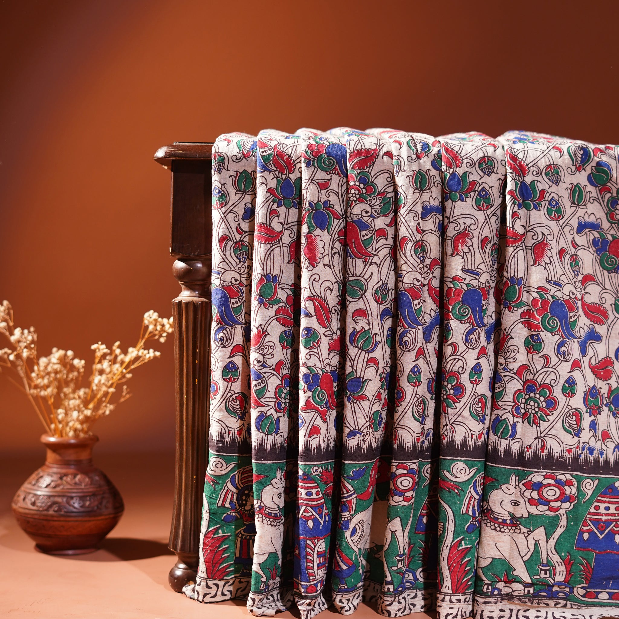 Cotton Kalamkari Printed Saree - Sandal