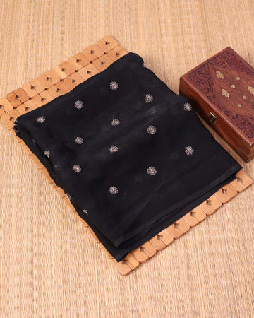 Elegant Women's Floral Embroidered 1 Meter Blouse Material - Black