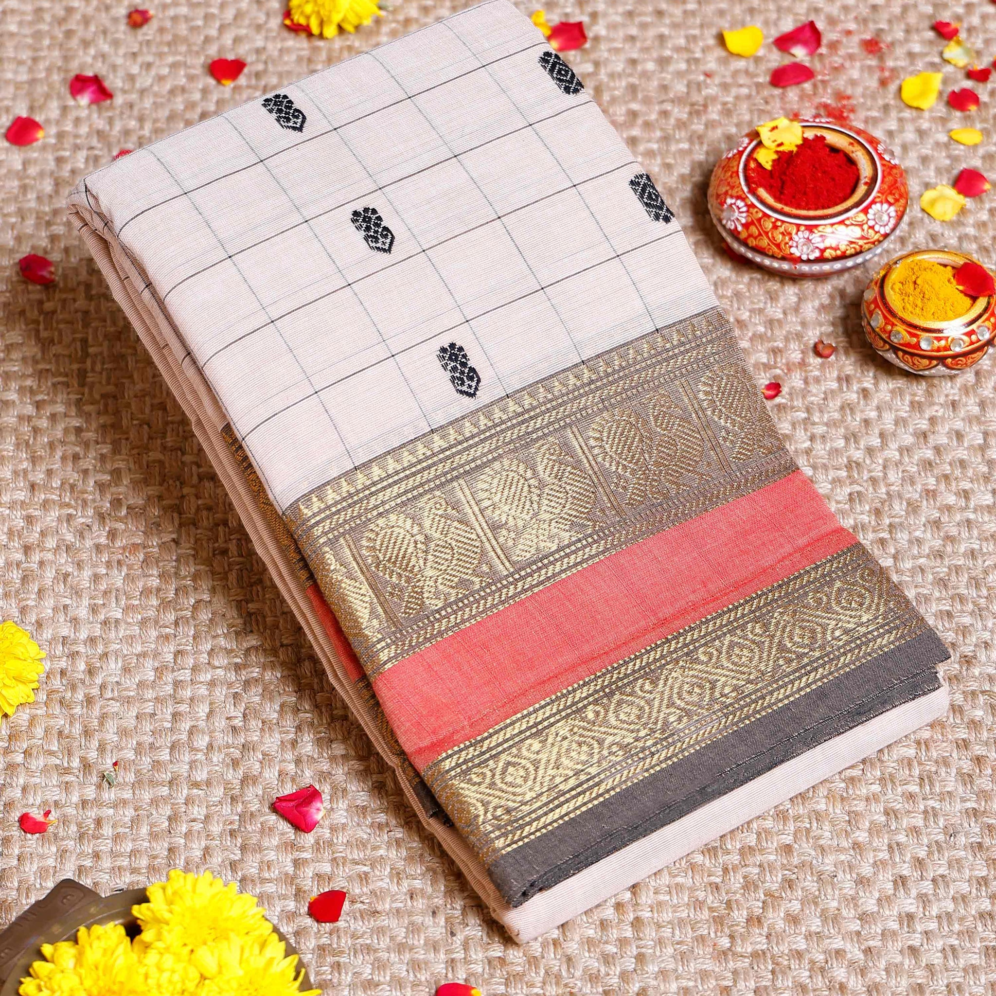 Traditional Chettinad Cotton Saree with Traditional Butta Weave and Zari Border - Sandal