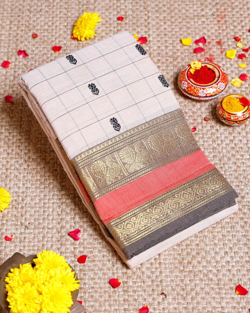 Traditional Chettinad Cotton Saree with Traditional Butta Weave and Zari Border - Sandal